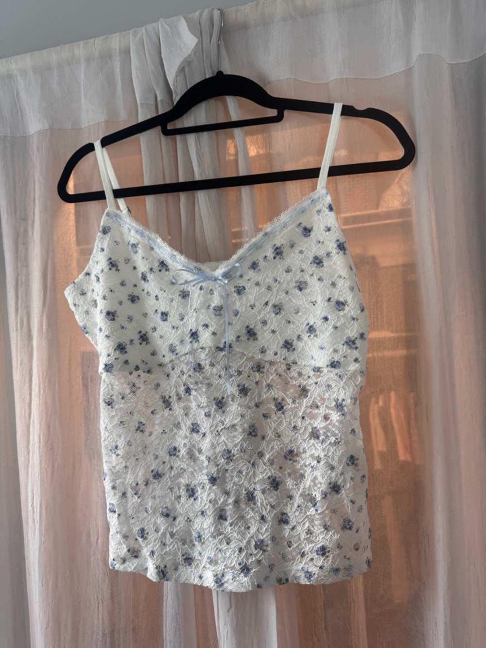 Hollister White Cami with Blue Floral Lace Trim